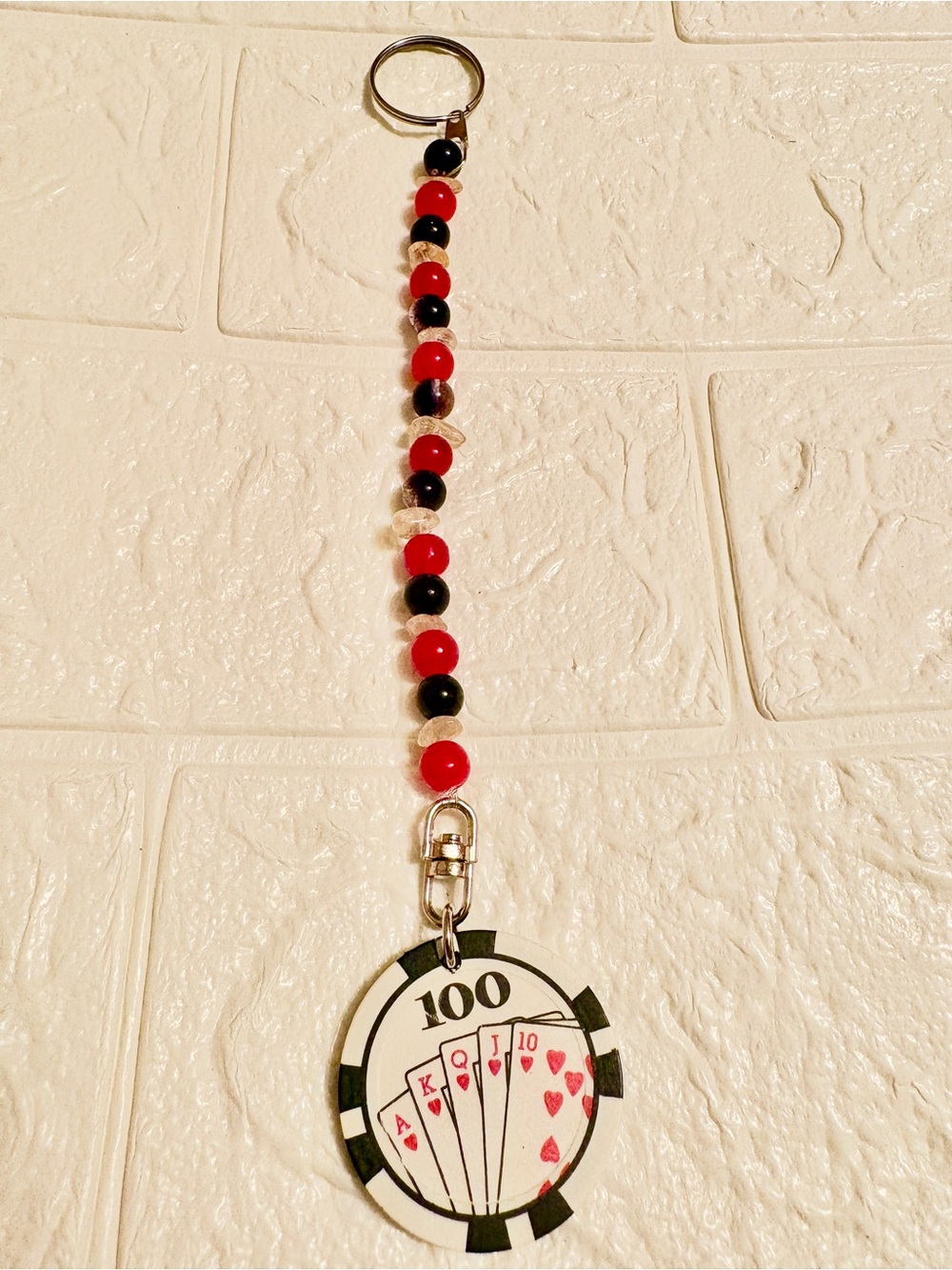 Key Chain Red White and Black Beaded Handmade Bracelet w/&100 Chip Lucky Charm